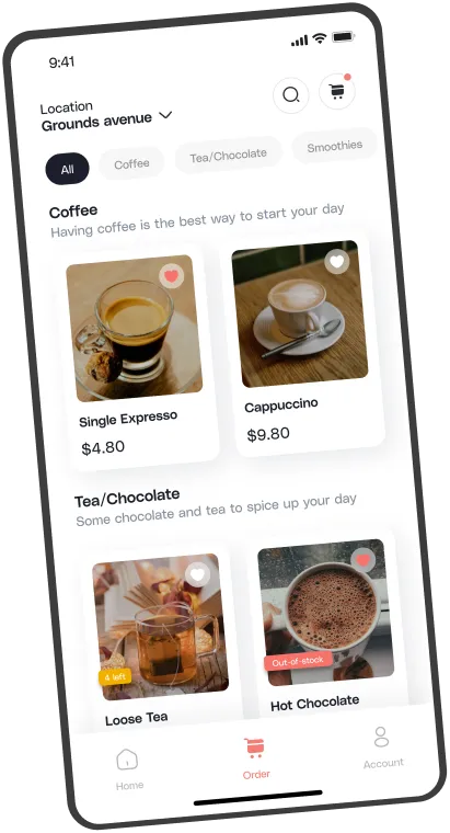 Mobile app screen showing a coffee shop menu with categories and items